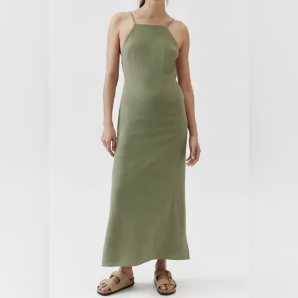 Urban Renewal Remnants Slub Linen Open-Back Up-Cycled Midi Dress, Green, XS